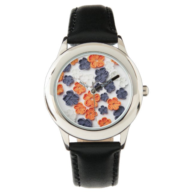Spring handmade sewn fabric flowers orange blue  watch (Front)