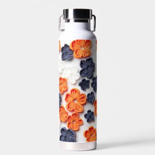 Spring handmade sewn fabric flowers orange blue  water bottle