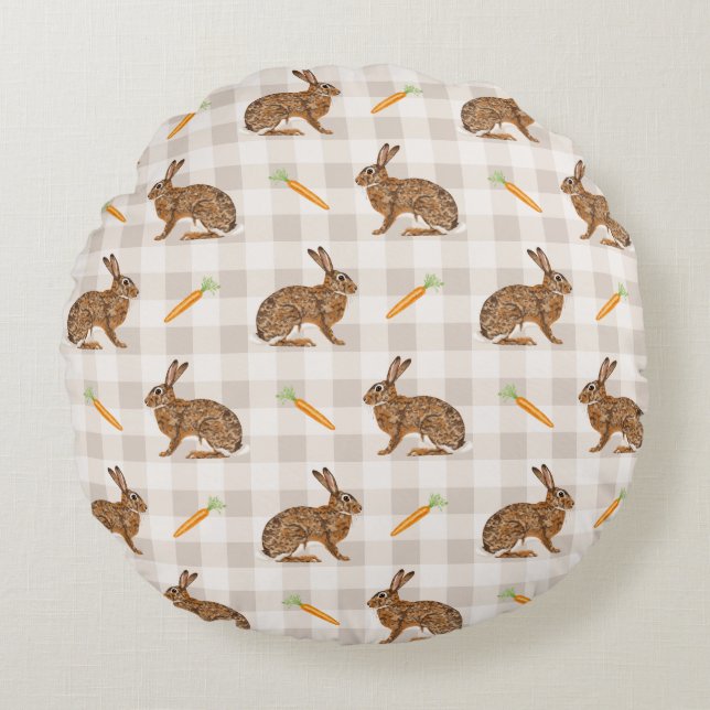 Spring Hare And Carrot Rustic Beige Gingham Easter Round Cushion (Front)