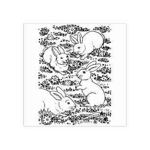 SPRING HARES, EASTER EGGS, BUNNIES IN MEADOW Cute Rubber Stamp