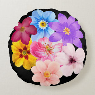 Spring Harmony - Mixed Watercolor Flower Bouquet Round Cushion
