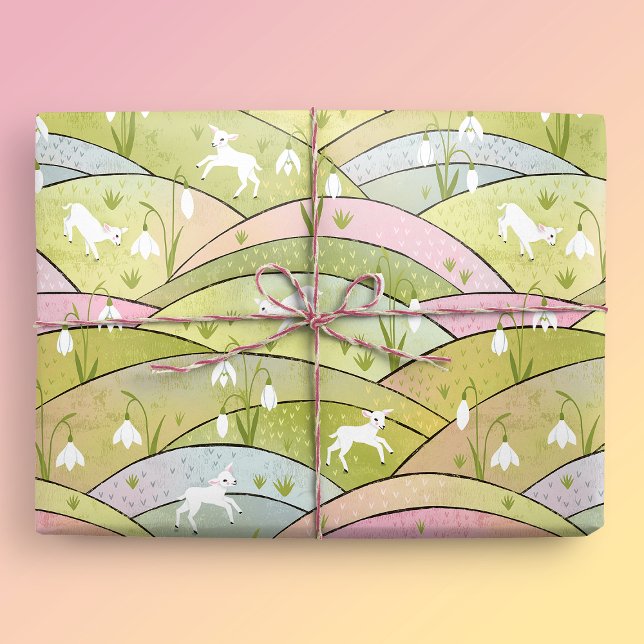 Spring Hills with Baby Goats and Snowdrops Easter Wrapping Paper (Baby Goats Gift Mockup)