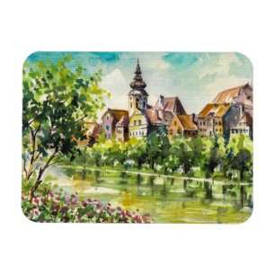 Spring in small city on the river magnet