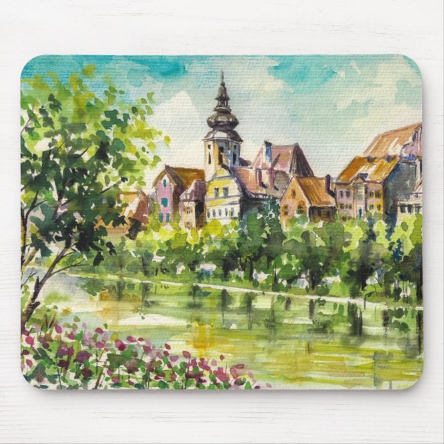 Spring in small city on the river mouse mat (Front)