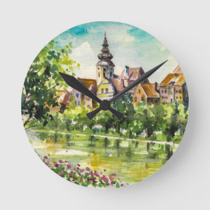 Spring in small city on the river round clock