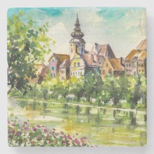 Spring in small city on the river stone coaster