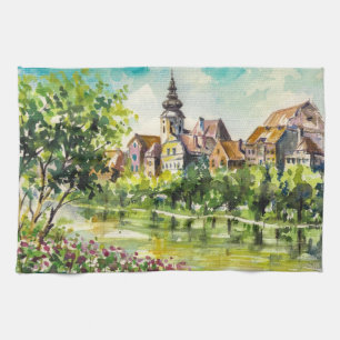Spring in small city on the river tea towel