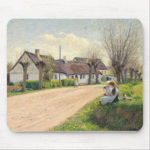 Spring in the village with girls on the roadside mouse mat