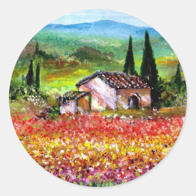 SPRING  IN TUSCANY / COLORFUL FLOWER FIELDS CLASSIC ROUND STICKER (Front)