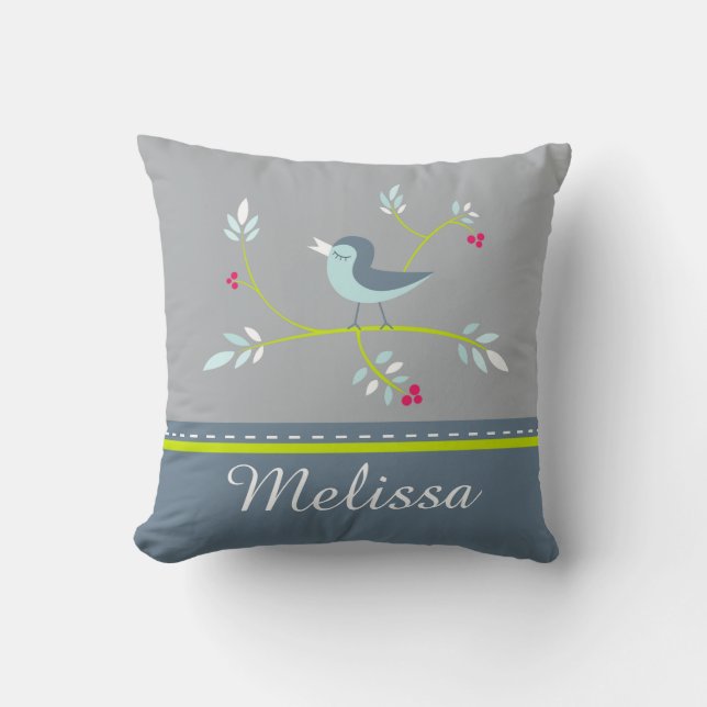 Spring Inspired Floral Bird Custom Name Design Cushion (Front)