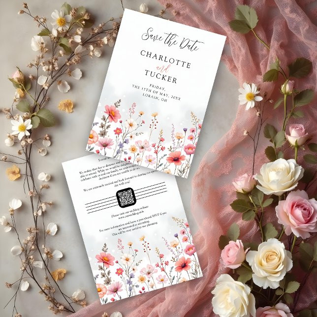 Spring-Inspired Rustic Boho Romantic Wildflowers Save The Date (Spring-Inspired Rustic Boho Romantic Wildflowers Wedding Save the Date Cards with QR Code in Pink.)
