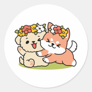 Spring Into Cuteness – Adorable Dog Illustration  Classic Round Sticker