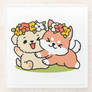 Spring Into Cuteness – Adorable Dog Illustration  Glass Coaster