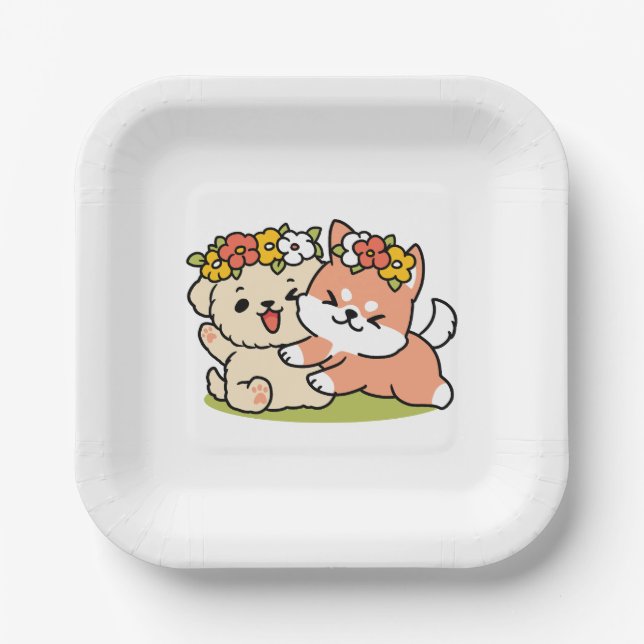 Spring Into Cuteness – Adorable Dog Illustration  Paper Plate (Front)