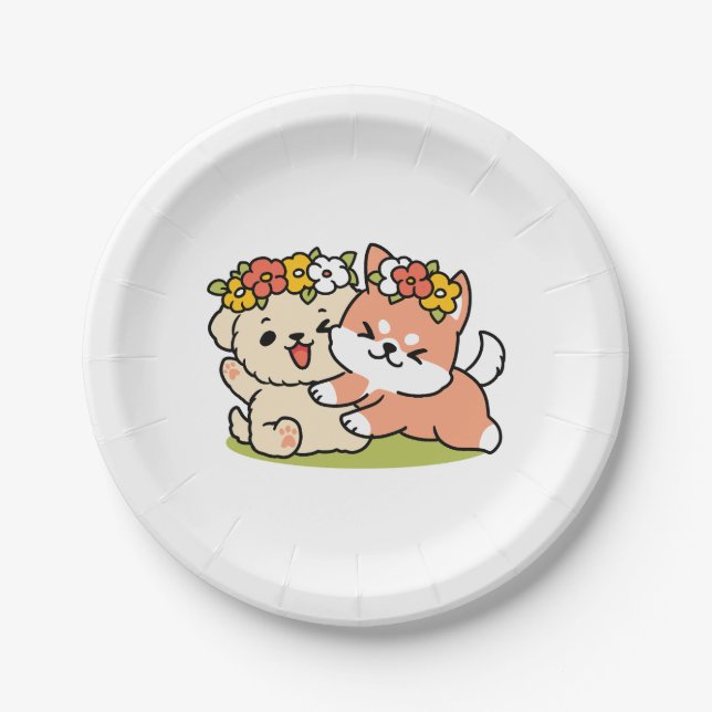 Spring Into Cuteness – Adorable Dog Illustration  Paper Plate (Front)