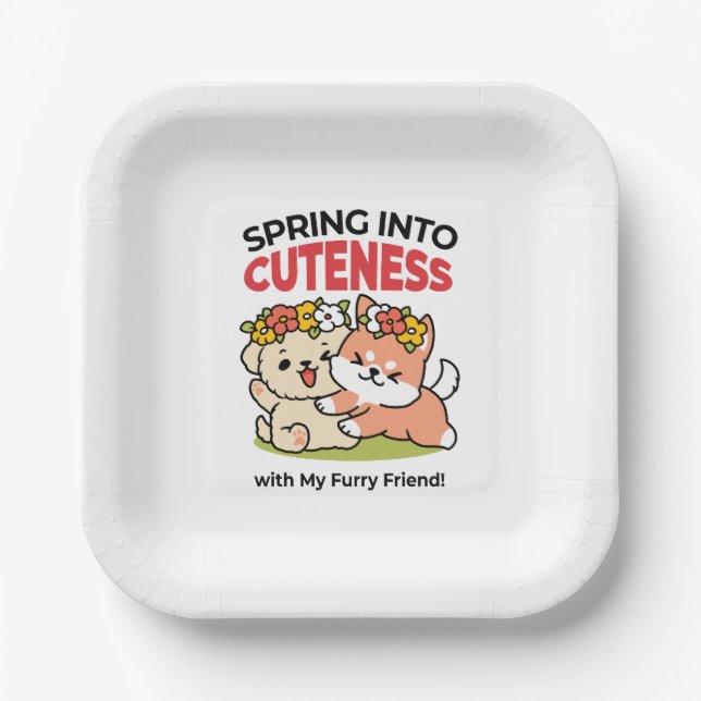Spring Into Cuteness – Adorable Dog Illustration  Paper Plate (Front)