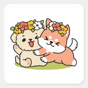 Spring Into Cuteness – Adorable Dog Illustration Square Sticker