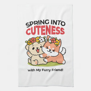 Spring Into Cuteness – Adorable Dog Illustration  Tea Towel