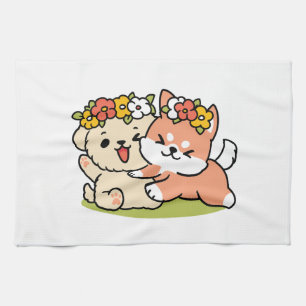 Spring Into Cuteness – Adorable Dog Illustration Tea Towel