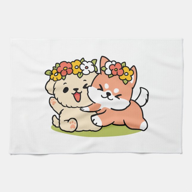 Spring Into Cuteness – Adorable Dog Illustration  Tea Towel (Horizontal)