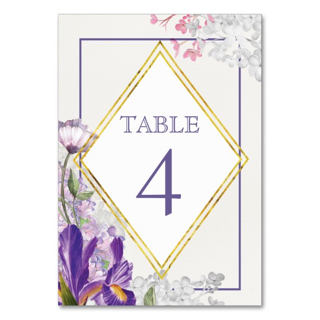 Spring Iris Floral Watercolor Table Number (Front)