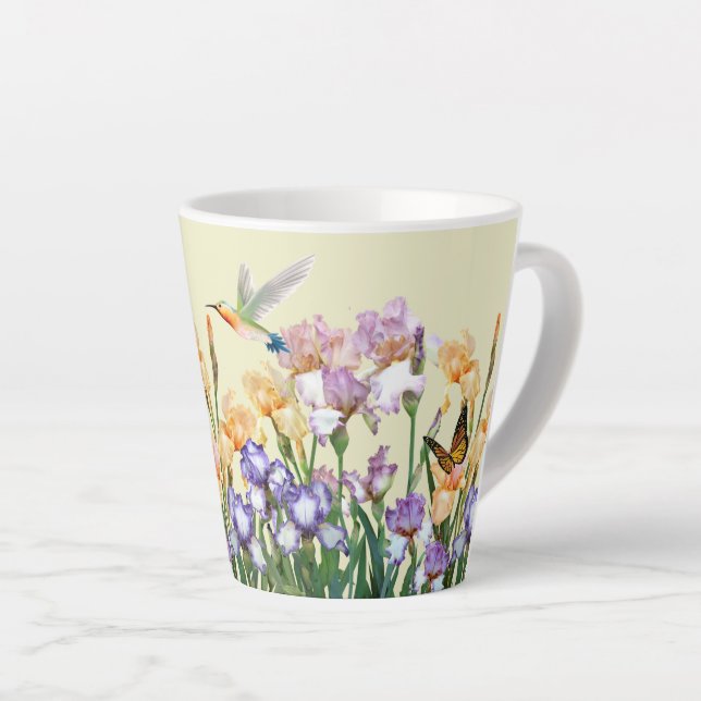 Spring Irises Hummingbird and Butterfly Garden  Latte Mug (Right Angle)