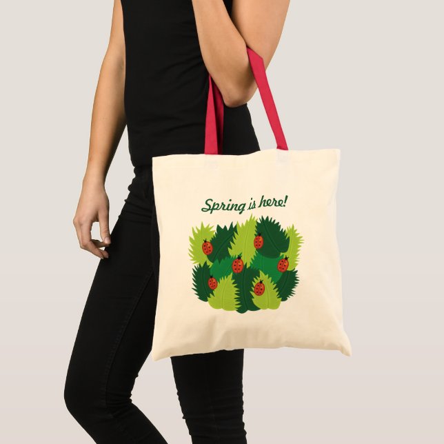 Spring Is Here - Green Leaves Ladybugs Tote Bag (Front (Product))