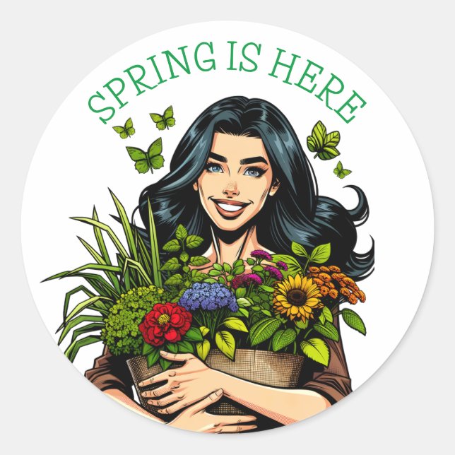 Spring is Here | Lady with Armful of Plants Classic Round Sticker (Front)