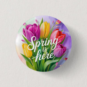 "Spring is Here" Tulip Bouquet Illustration 3 Cm Round Badge