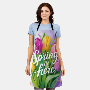 "Spring is Here" Tulip Bouquet Illustration Apron