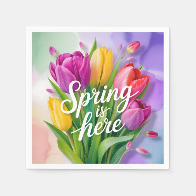 "Spring is Here" Tulip Bouquet Illustration Napkin (Front)