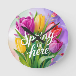 "Spring is Here" Tulip Bouquet Illustration Round Clock