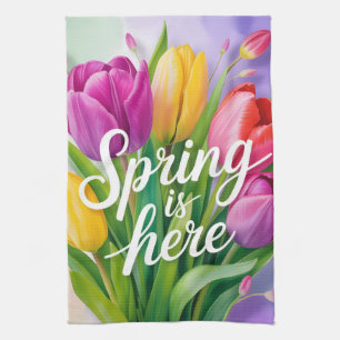 "Spring is Here" Tulip Bouquet Illustration Tea Towel