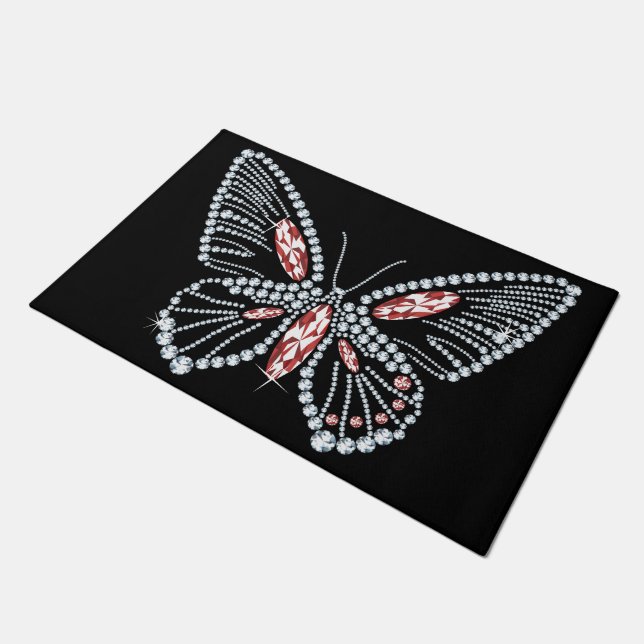 Spring Jewelled Red Rhinestone Butterfly Doormat (Angled)