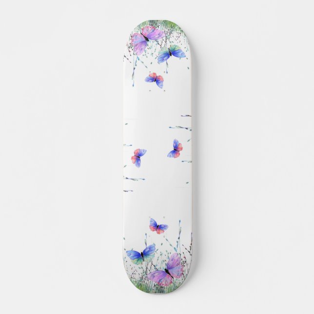 Spring Joy - Colorful Butterflies Flying in Nature Skateboard (Front)