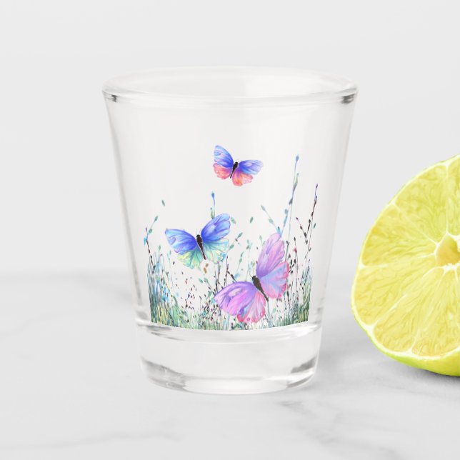 Spring Joy - Colourful Butterflies Flying in Natur Shot Glass (Front)