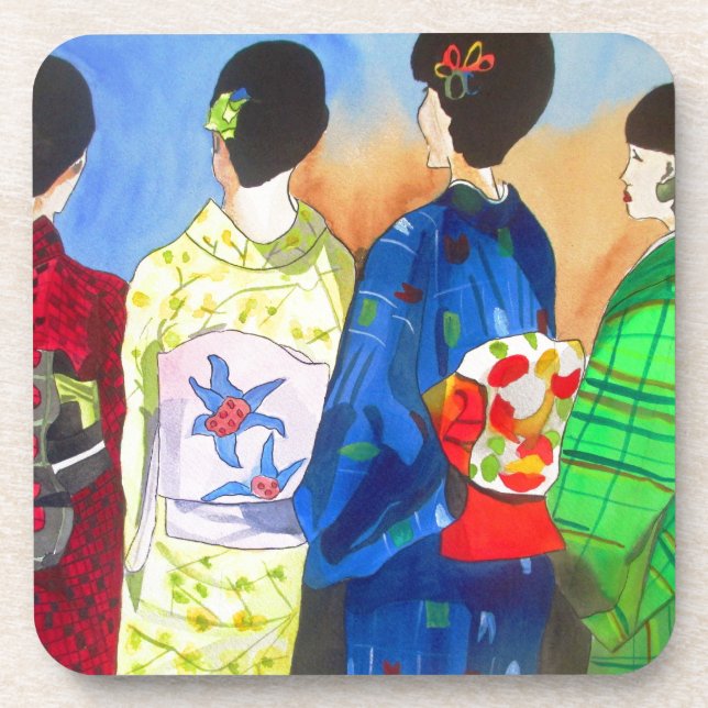 Spring kimono Japanese Geisha art Coaster (Front)