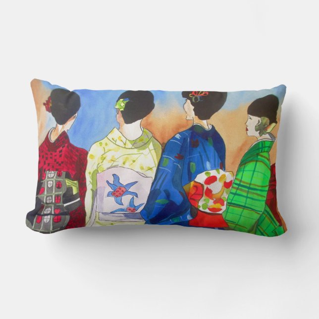 Spring kimono Japanese Geisha art Lumbar Cushion (Front)