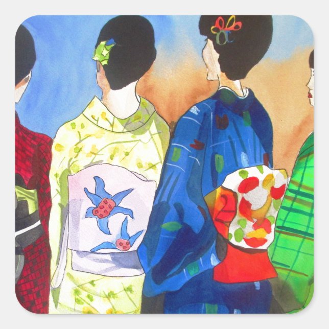 Spring kimono Japanese Geisha art Square Sticker (Front)