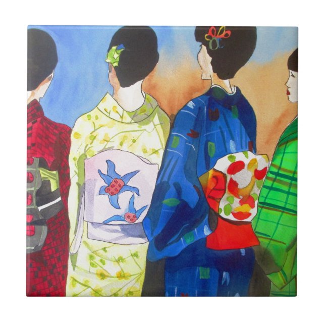 Spring kimono Japanese Geisha art Tile (Front)