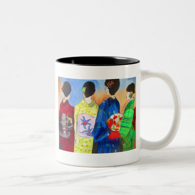 Spring kimono Japanese Geisha art Two-Tone Coffee Mug (Right)