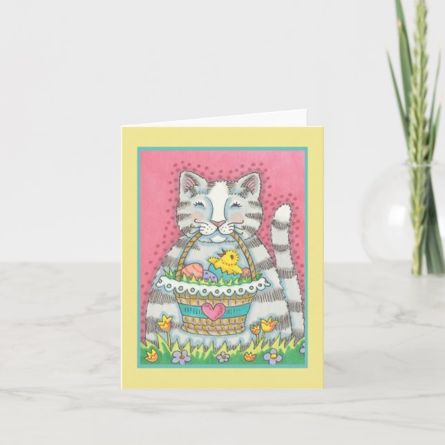 SPRING KITTEN & EASTER BASKET, CAT NOTE CARD Blank (Front)
