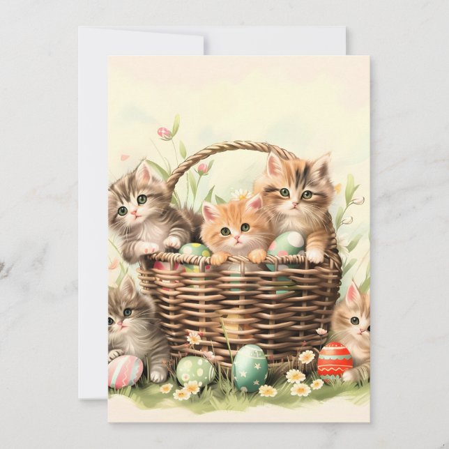 Spring Kitten Easter Basket  Holiday Card (Front)