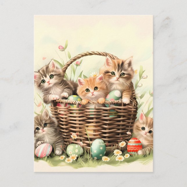Spring Kitten Easter Basket  Holiday Postcard (Front)