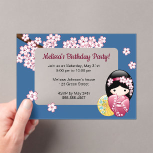 Spring Kokeshi Blue Transparent Window Birthday Acrylic Invitations