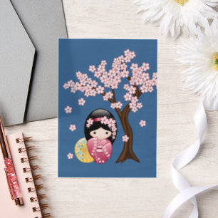 Spring Kokeshi Cute Japanese Geisha Blue Insert Vellum Invitations