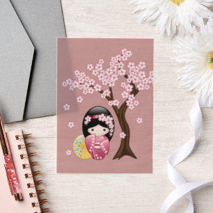 Spring Kokeshi Cute Japanese Geisha Pink Insert Vellum Invitations