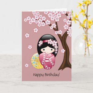 Spring Kokeshi Doll - Cute Geisha Birthday Card