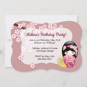 Spring Kokeshi Doll - Cute Geisha Birthday Party Invitation