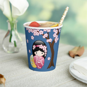 Spring Kokeshi Doll - Cute Geisha Girl on Blue Paper Cups